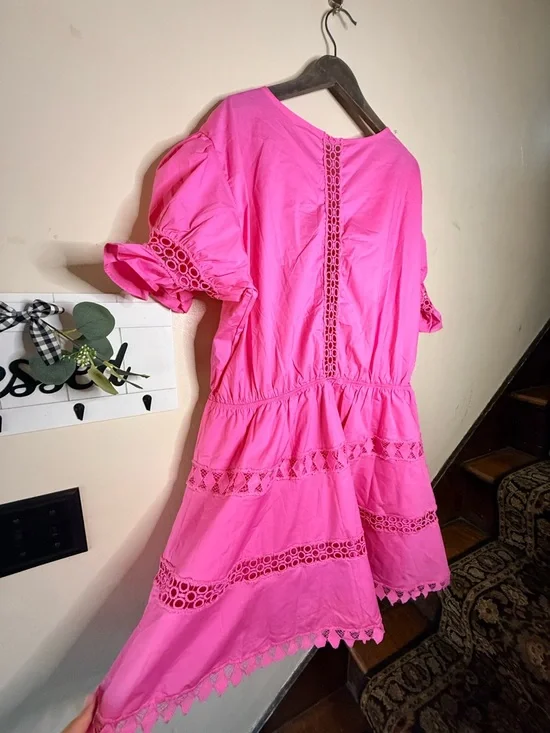 Anthropologie Bright Hot Pink Crochet-Trim Dress - Picture 9 of 16